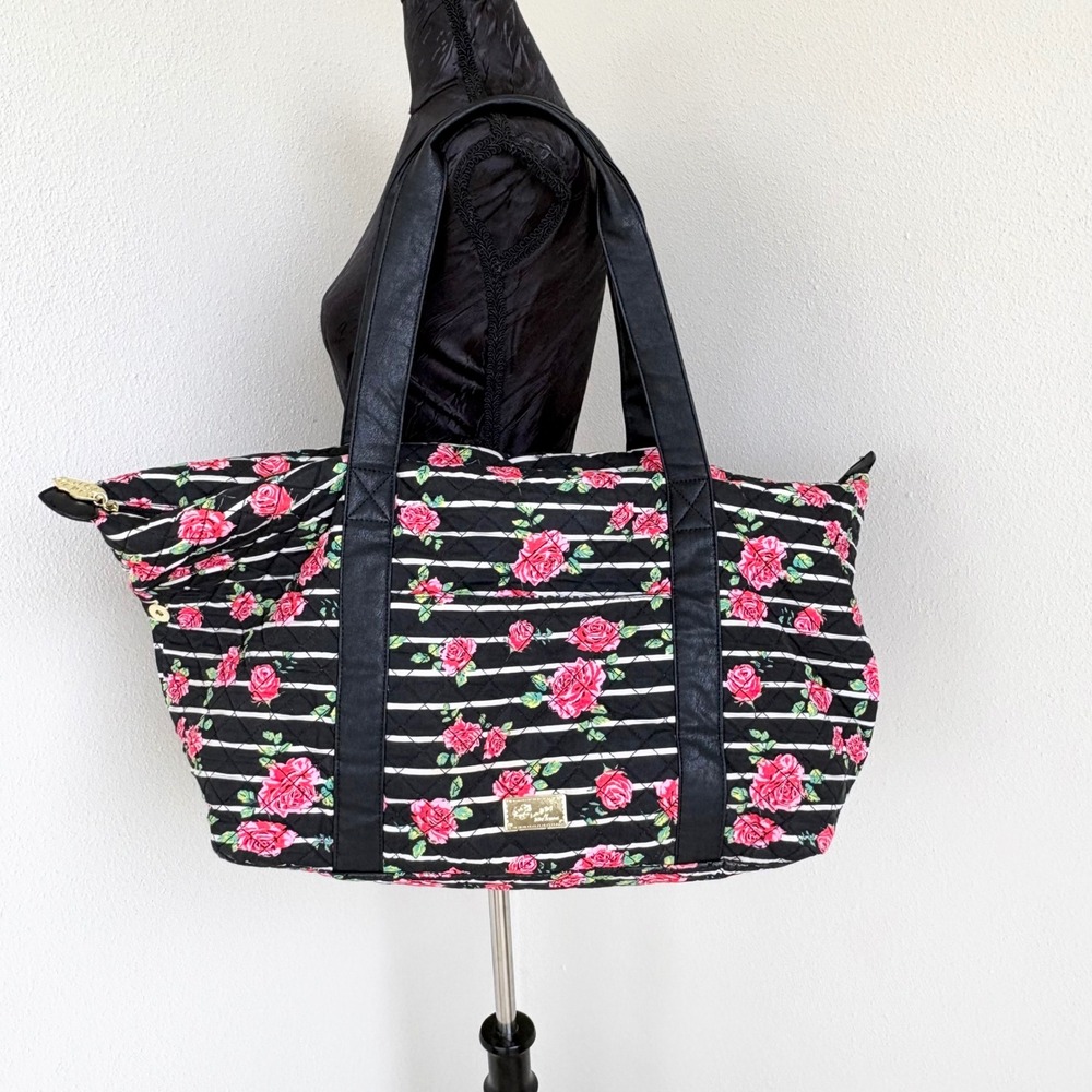 Luv Betsey by Betsy Johnson Floral Striped Quilted L Weekender Bag Black Pink
